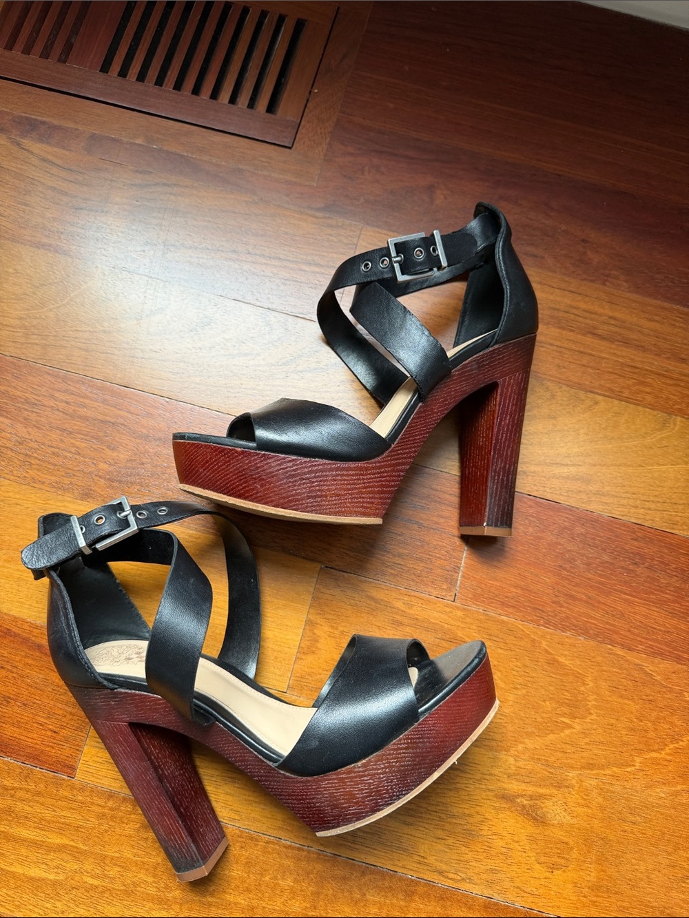 Vince Camuto Black Leather Platform Sandals with Wood-Effect Heel